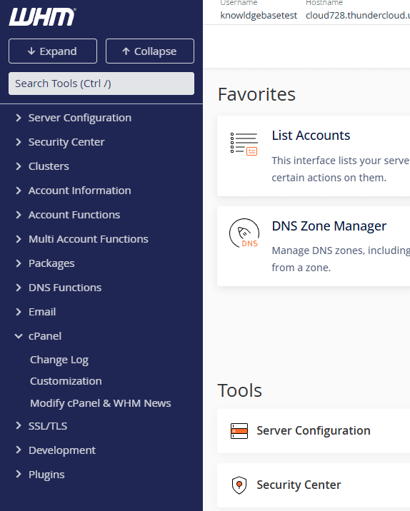 WHM Sidebar Showing cPanel extended