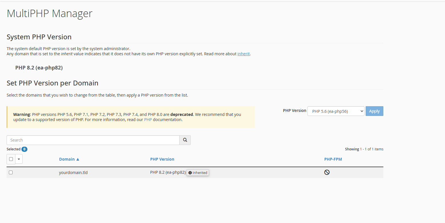 cPanel MultiPHP manager 