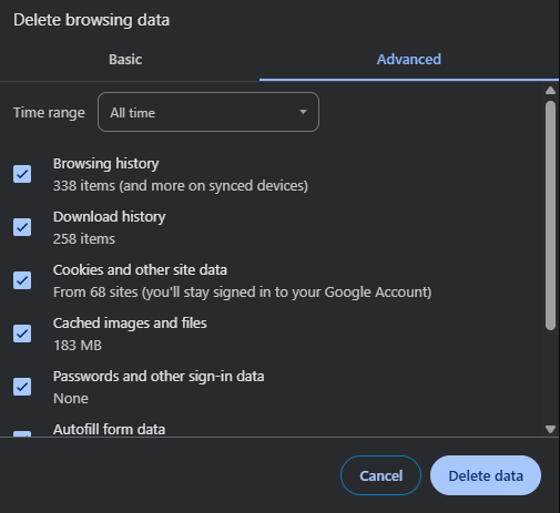 Delete browser data in google chrome 