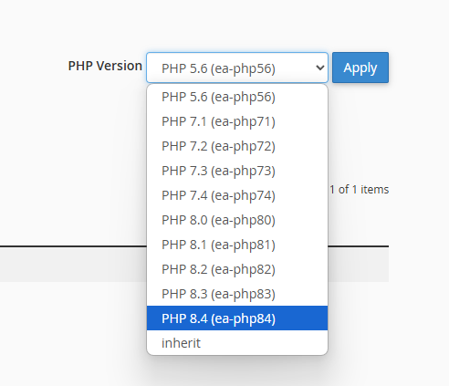 PHP version selector in MultiPHP Manager