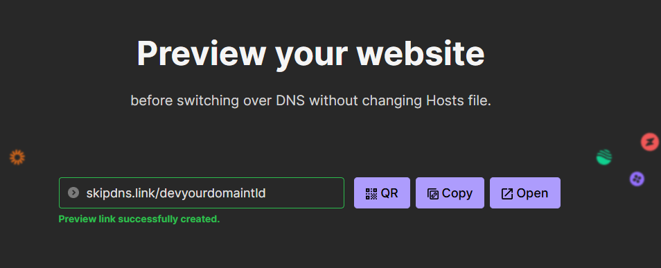 SKIPDNS showing a website preview ready