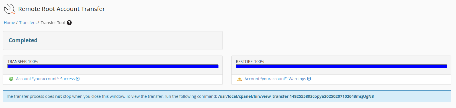 Completed transfer shown in the tool