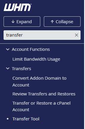 Transfer tool shown in WHM