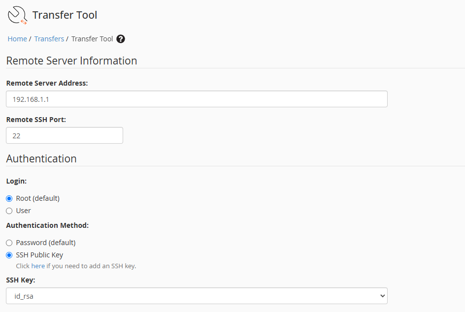 Server information in the transfer tool