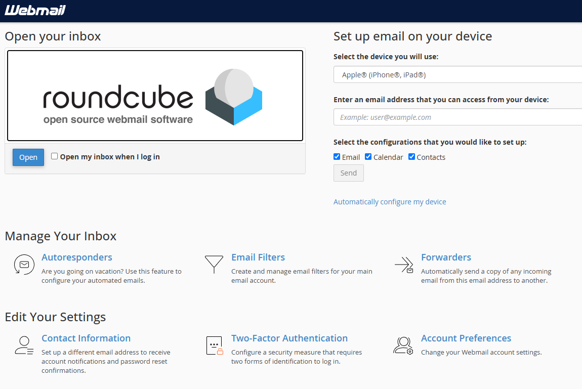 Roundcube page showing autoresponders