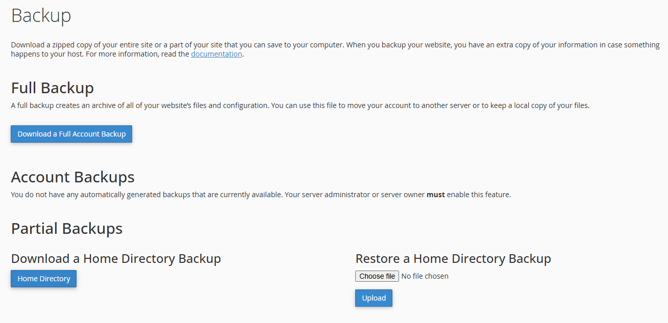 cPanel backup tool