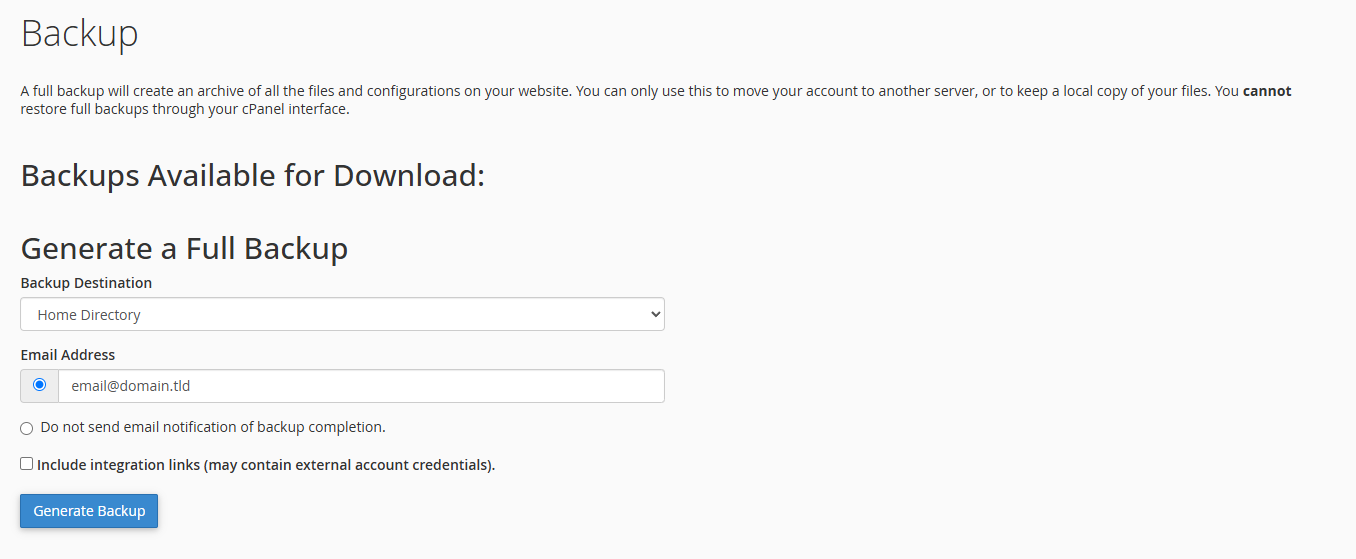cPanel backup tool generate backup