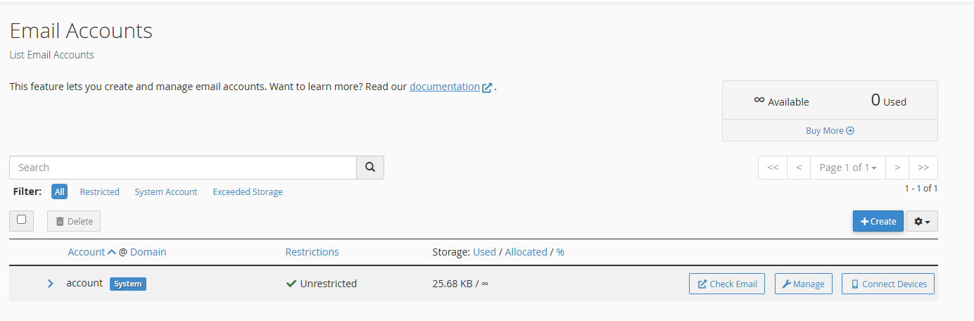 Email Accounts overview page in cPanel