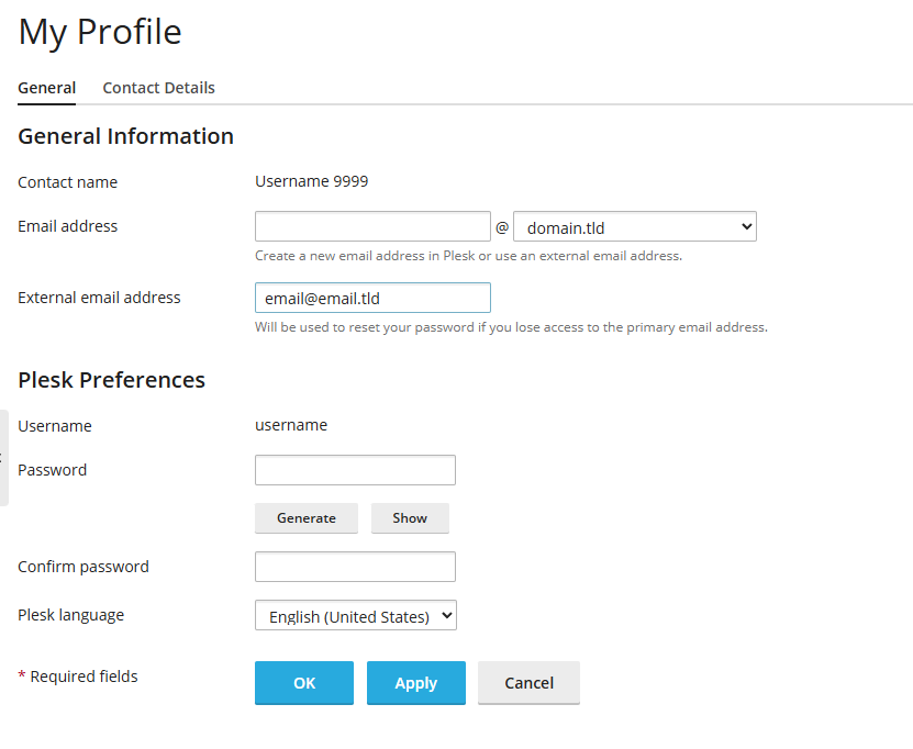 Plesk User Configuration page