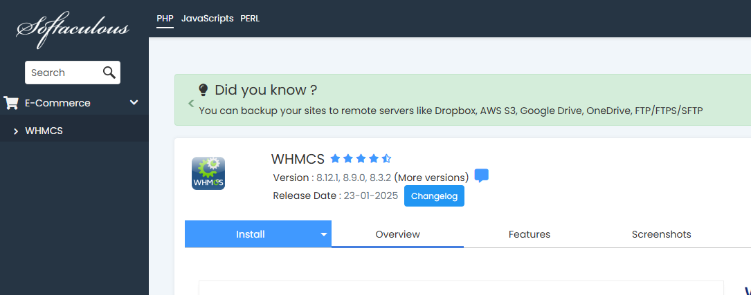 softaculous overview page for whmcs 