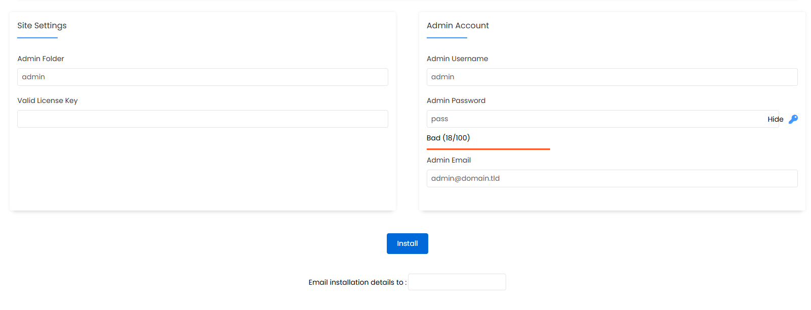 WHMCS license key and admin details in Softaculous
