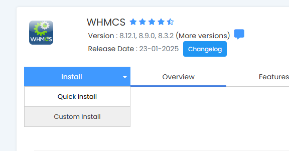 Softaculous install dropdown for WHMCS