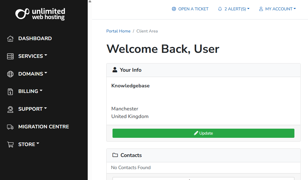 Unlimited Web Hosting client area overview
