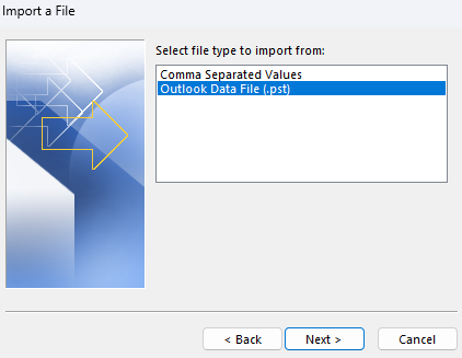 Outlook data file selected