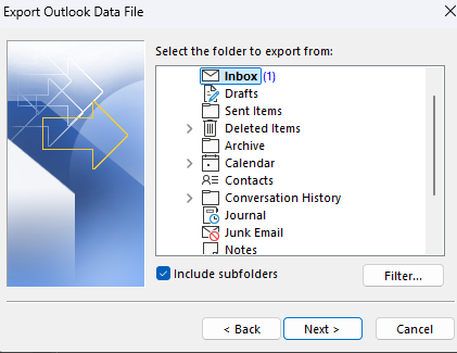 Choosing folders to export in Outlook
