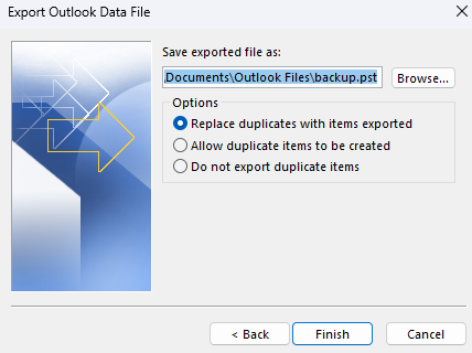 Outlook export file options for duplicates