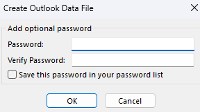 Outlook export .pst password window