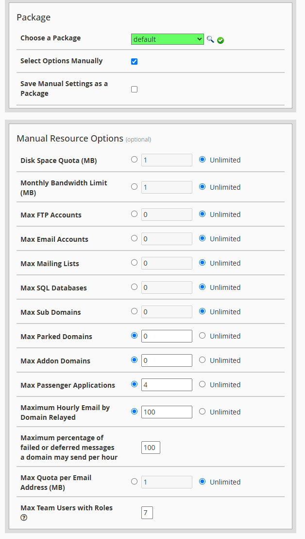 Select account package WHM