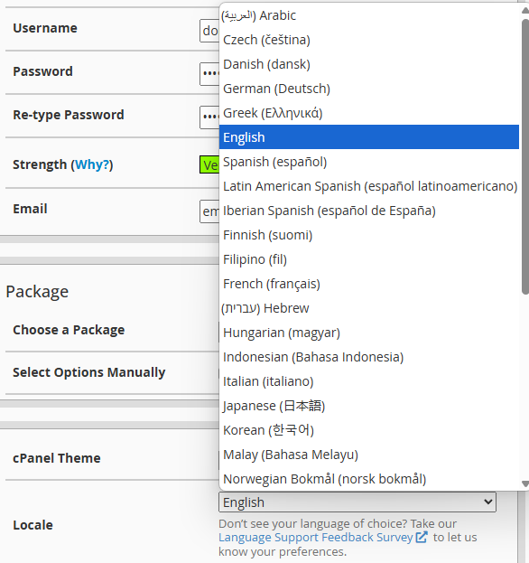 WHM locale selector