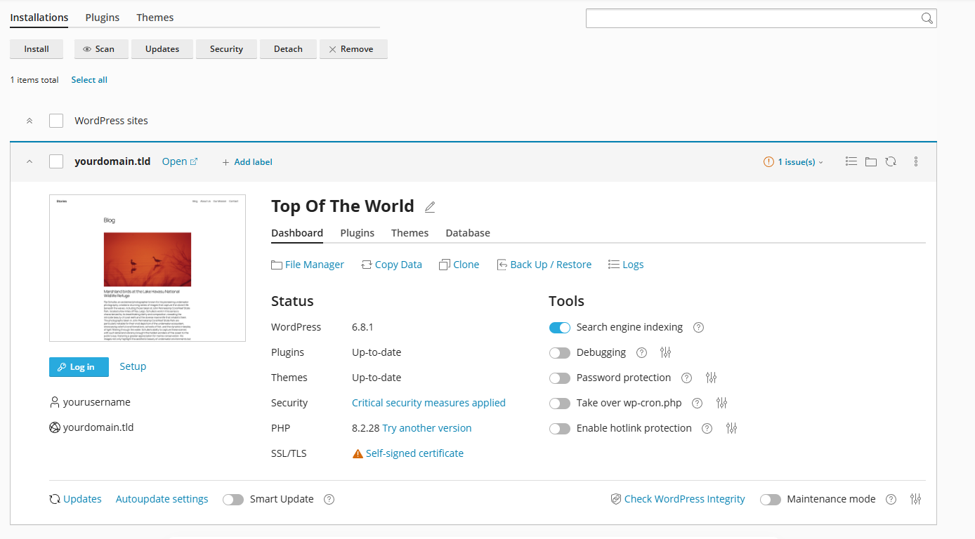 WP Toolkit Overview Page