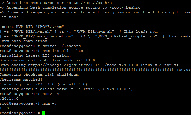 Terminal output showing Node.js and npm version numbers after a successful installation