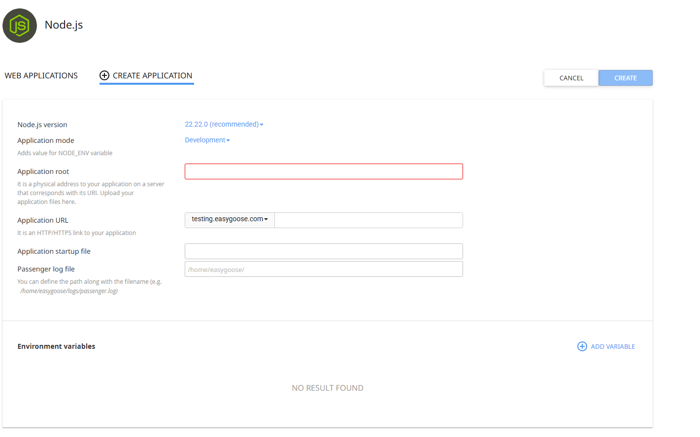 cPanel Node.js Selector interface showing an application configured with a Node.js version and application root directory.
