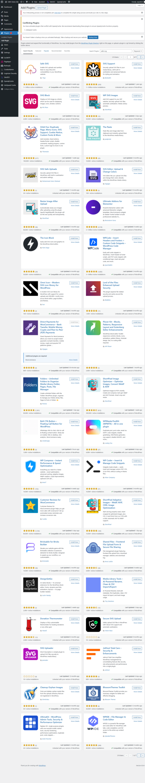 WordPress plugin search results showing the Safe SVG plugin by 10up