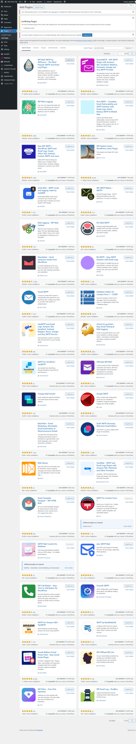 WordPress plugin search results showing WP Mail SMTP plugin with Install Now button