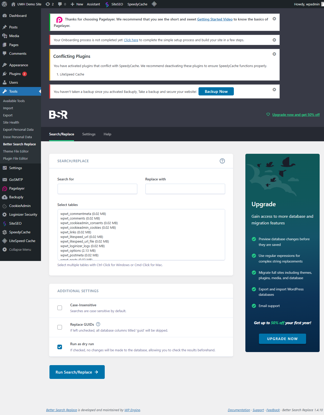 Better Search Replace plugin page in WordPress admin showing search and replace fields with all tables selected