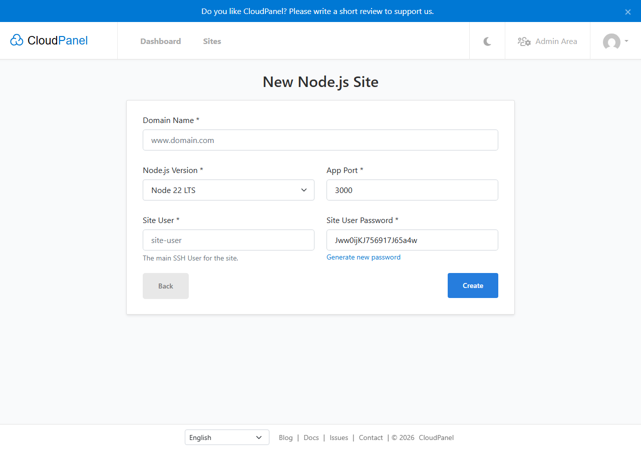 CloudPanel Add Node.js Site form with domain name, Node.js version 18 and app port 2368 filled in