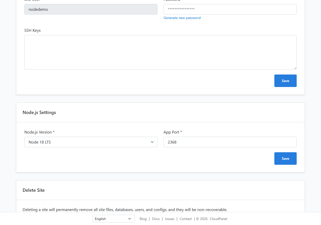 CloudPanel Node.js Settings tab with the Ghost startup bash script entered in the Startup Script field