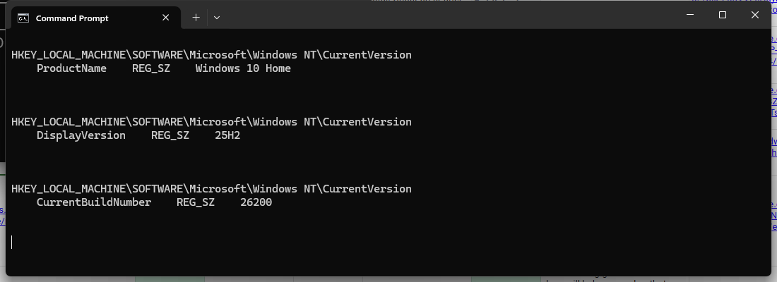 Command Prompt displaying Windows version details retrieved from the registry using reg query and findstr