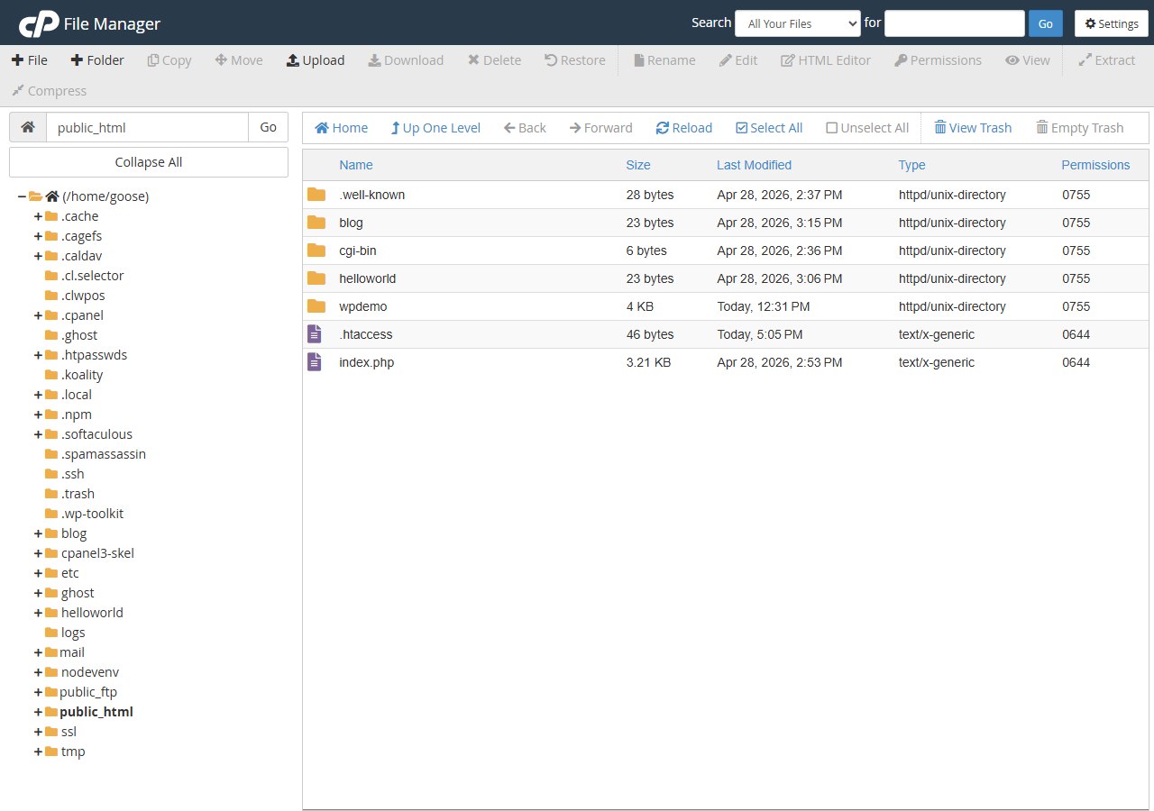 cPanel File Manager editor showing the .htaccess file with an X-Frame-Options Header set directive