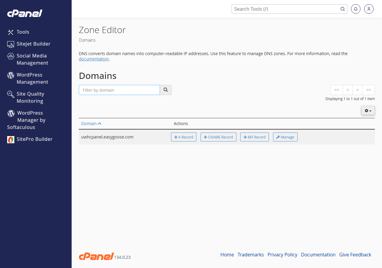 cPanel Zone Editor showing a list of domains with the Manage button