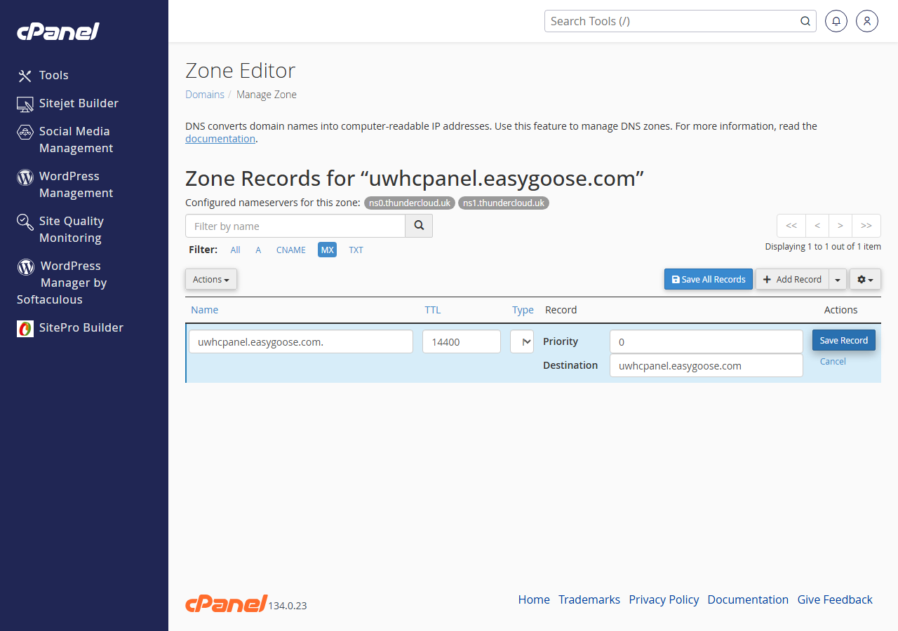 cPanel Zone Editor MX record edit form with Priority and Destination fields