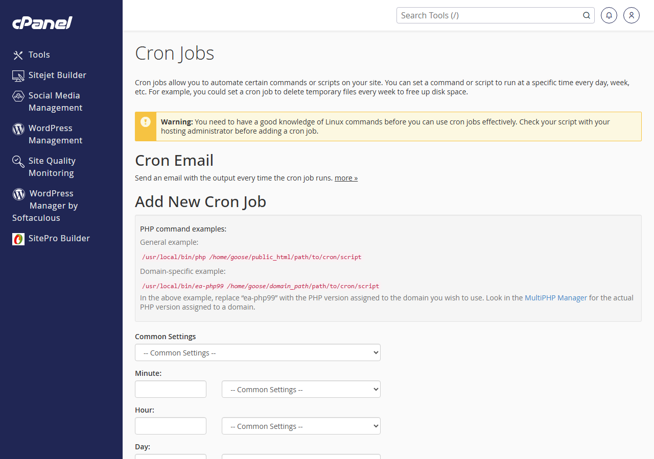 cPanel Cron Jobs screen with a wp-cron.php command configured to run every 15 minutes