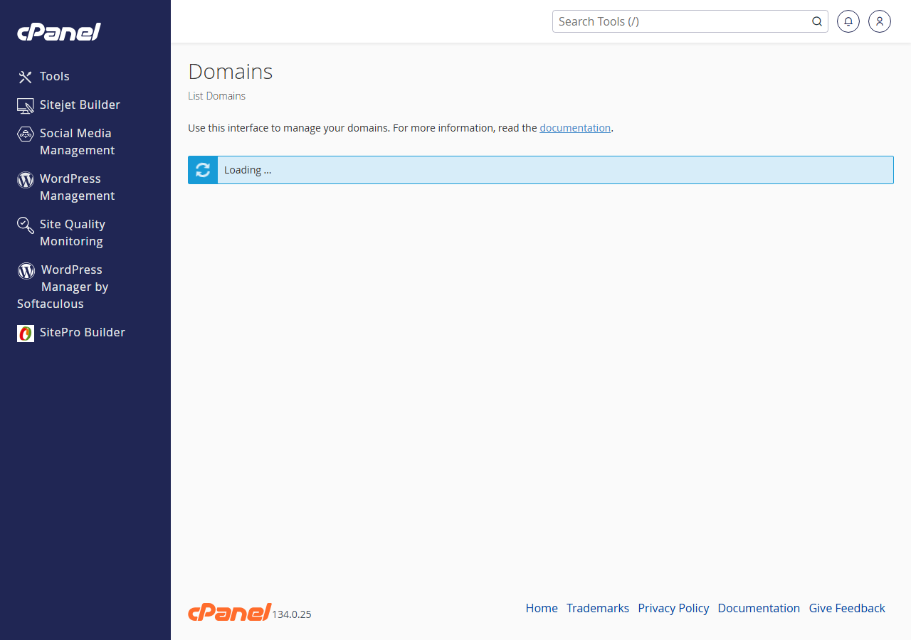 cPanel Domains screen with a new subdomain entry and document root path