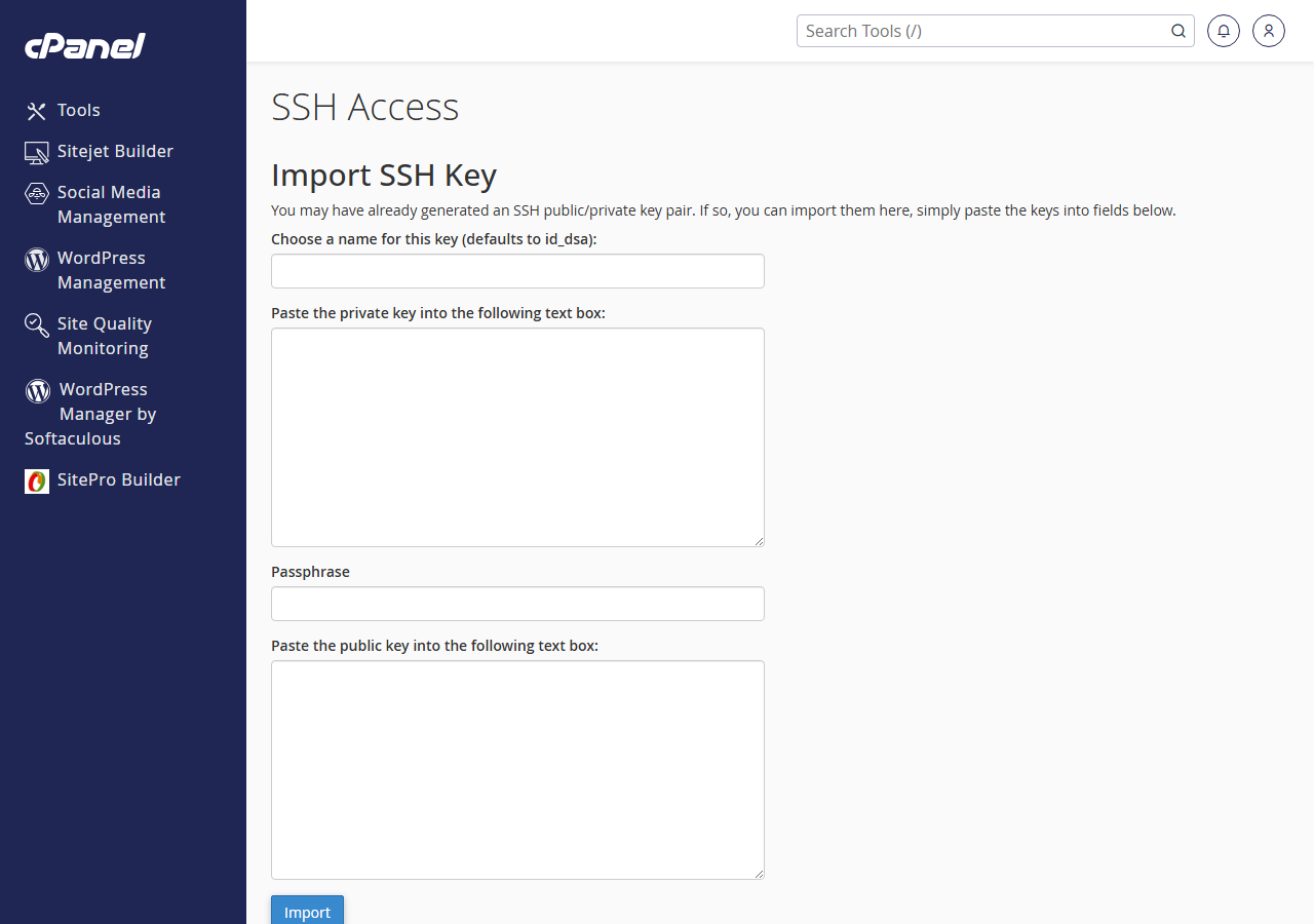 cPanel Import SSH Key screen showing the public key text field and key name field