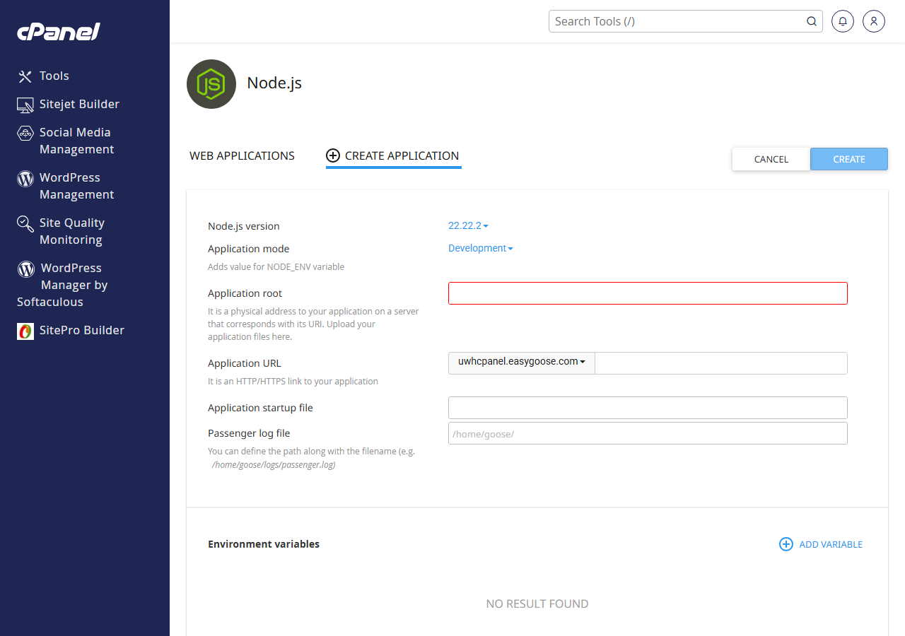 cPanel Setup Node.js App form with Node.js version set to 20.x and app.js as the startup file