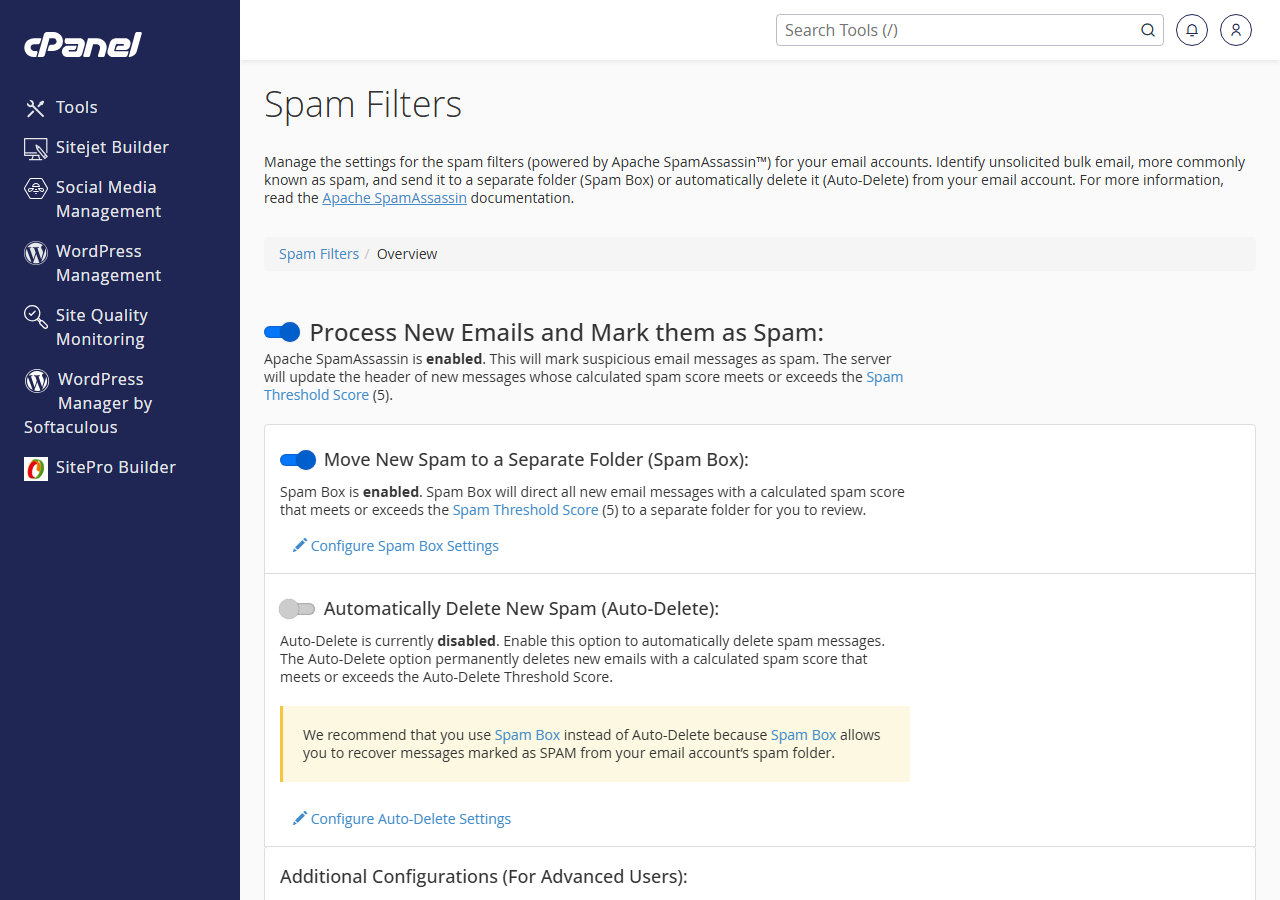 cPanel webmail spam filters page showing the spam score threshold slider and filter options