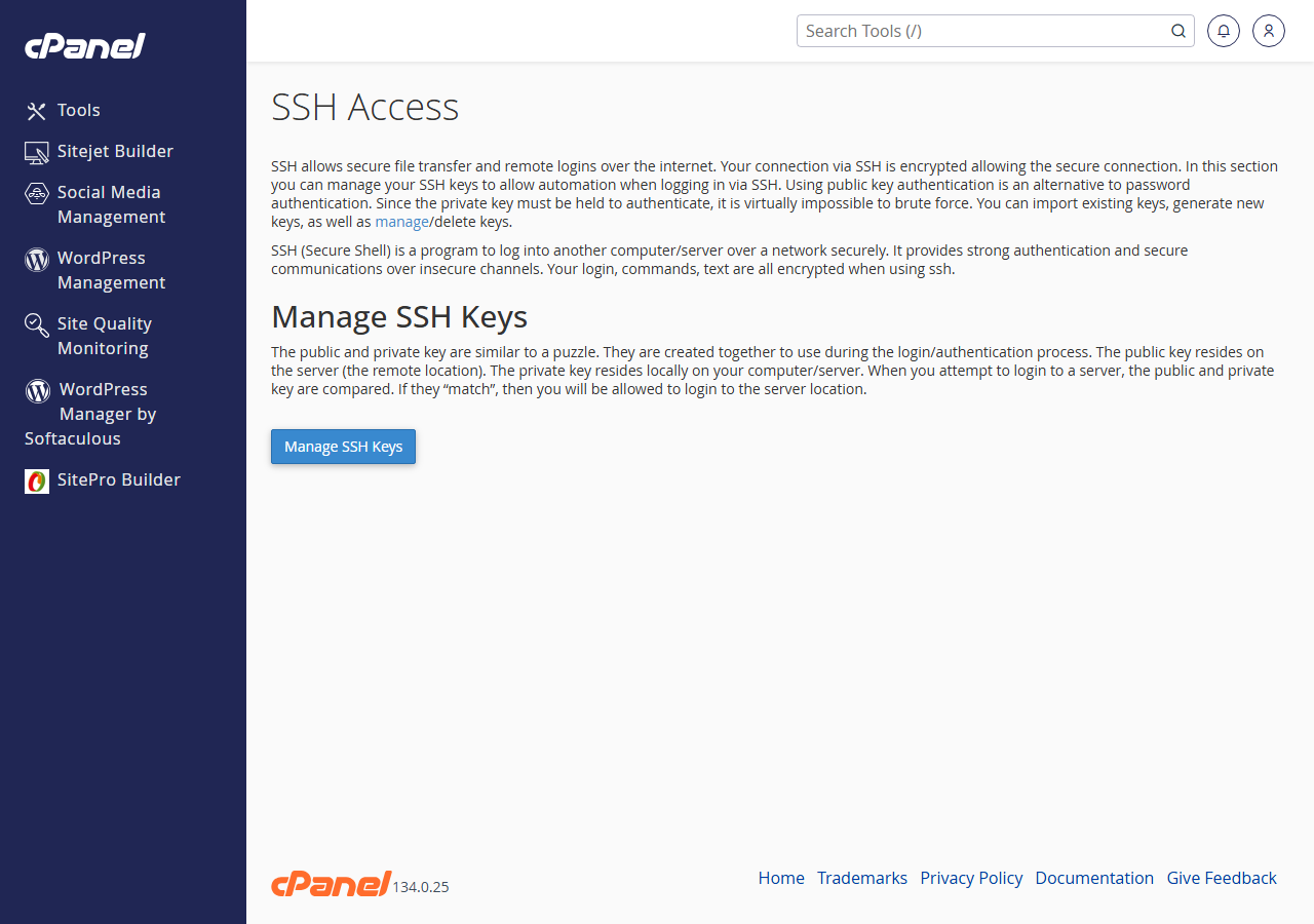 cPanel SSH Access screen with the Manage SSH Keys button highlighted in the Security section
