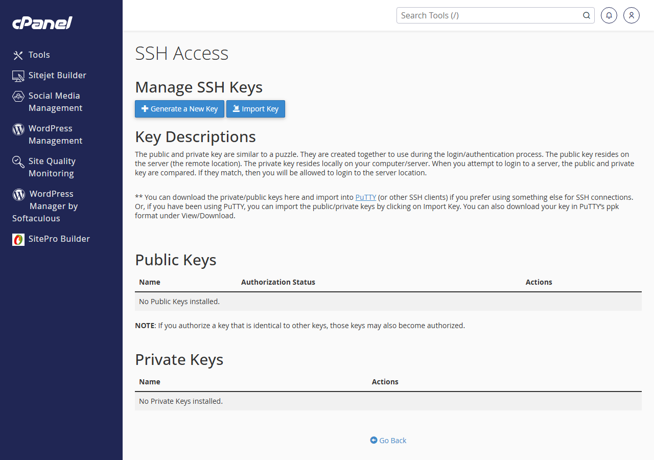 cPanel SSH Access Manage SSH Keys screen showing an imported public key with the Authorize option