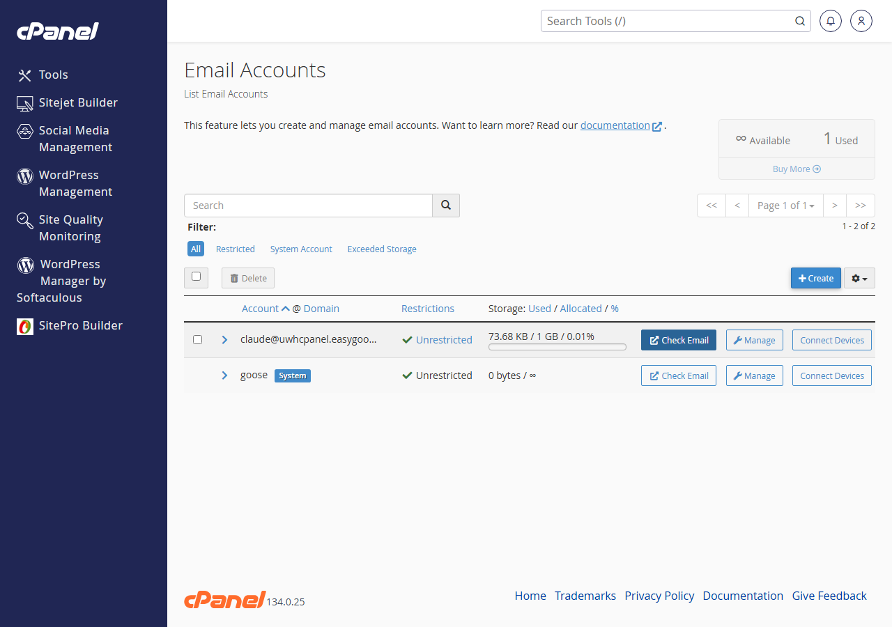 cPanel webmail landing page displaying configuration options including autoresponders, filters and forwarders