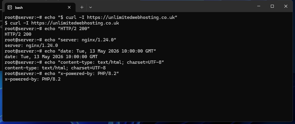 Terminal showing curl -I output with a server header displaying the Nginx version number