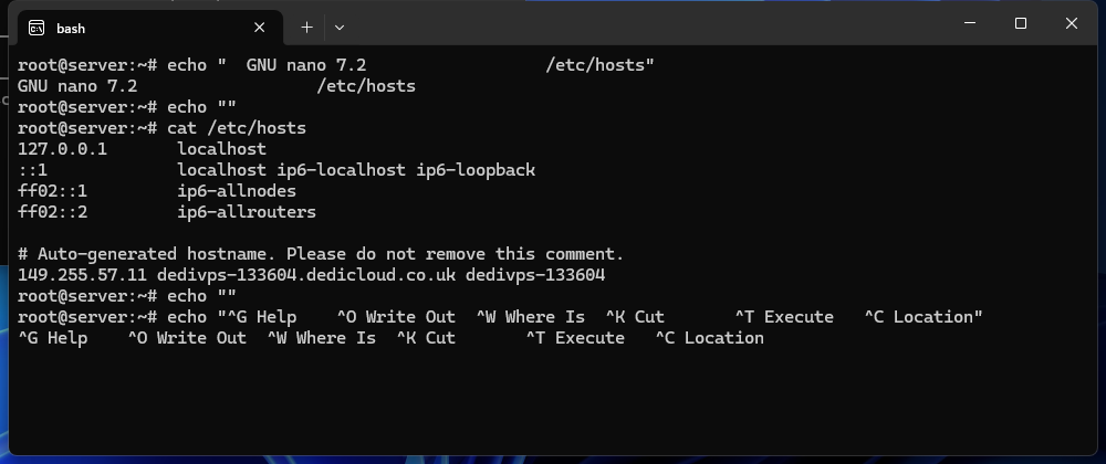 The /etc/hosts file open in nano showing updated hostname entries