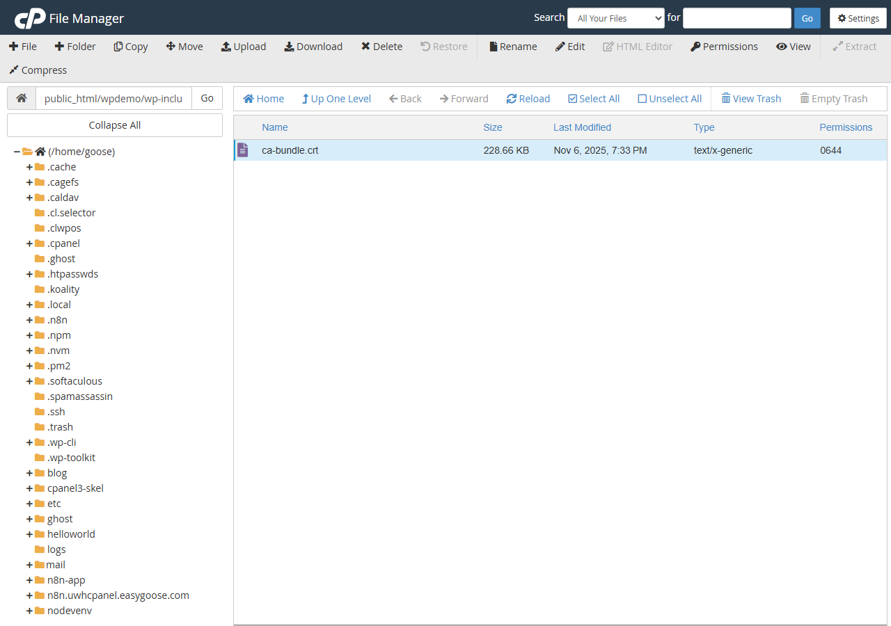 cPanel File Manager showing the certificates directory inside wp-includes with ca-bundle.crt highlighted