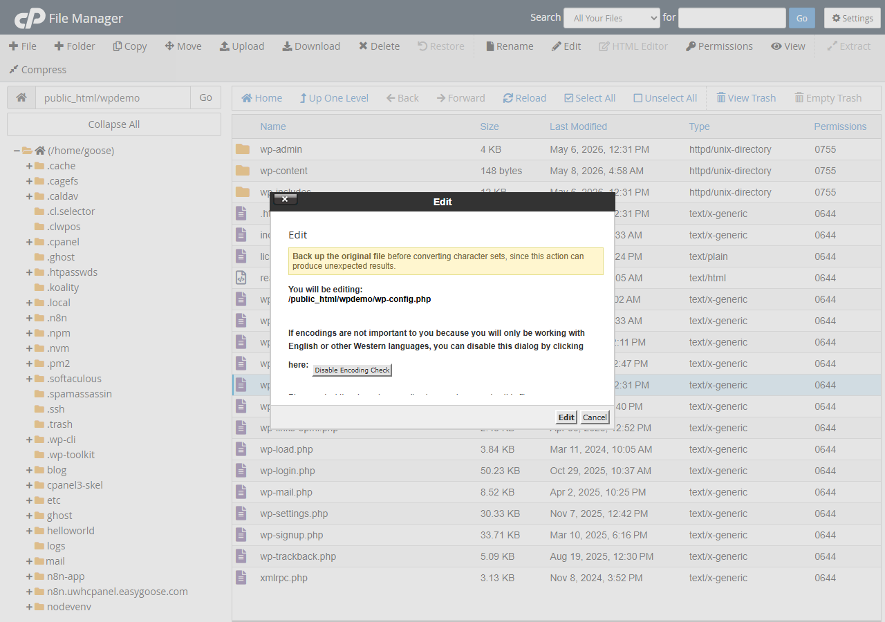 cPanel File Manager editor showing the WP_DEBUG constant in wp-config.php
