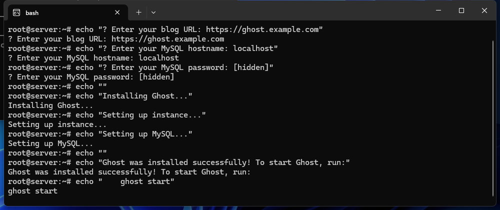 Terminal output showing Ghost CLI installation with MySQL database flags and CloudPanel-compatible no-setup options
