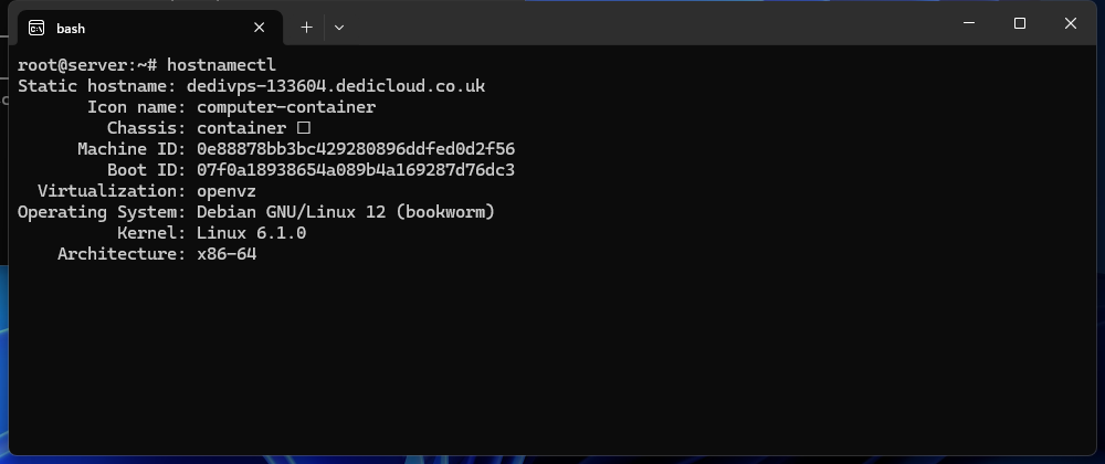 Terminal output of the hostnamectl command showing the current static hostname and system details
