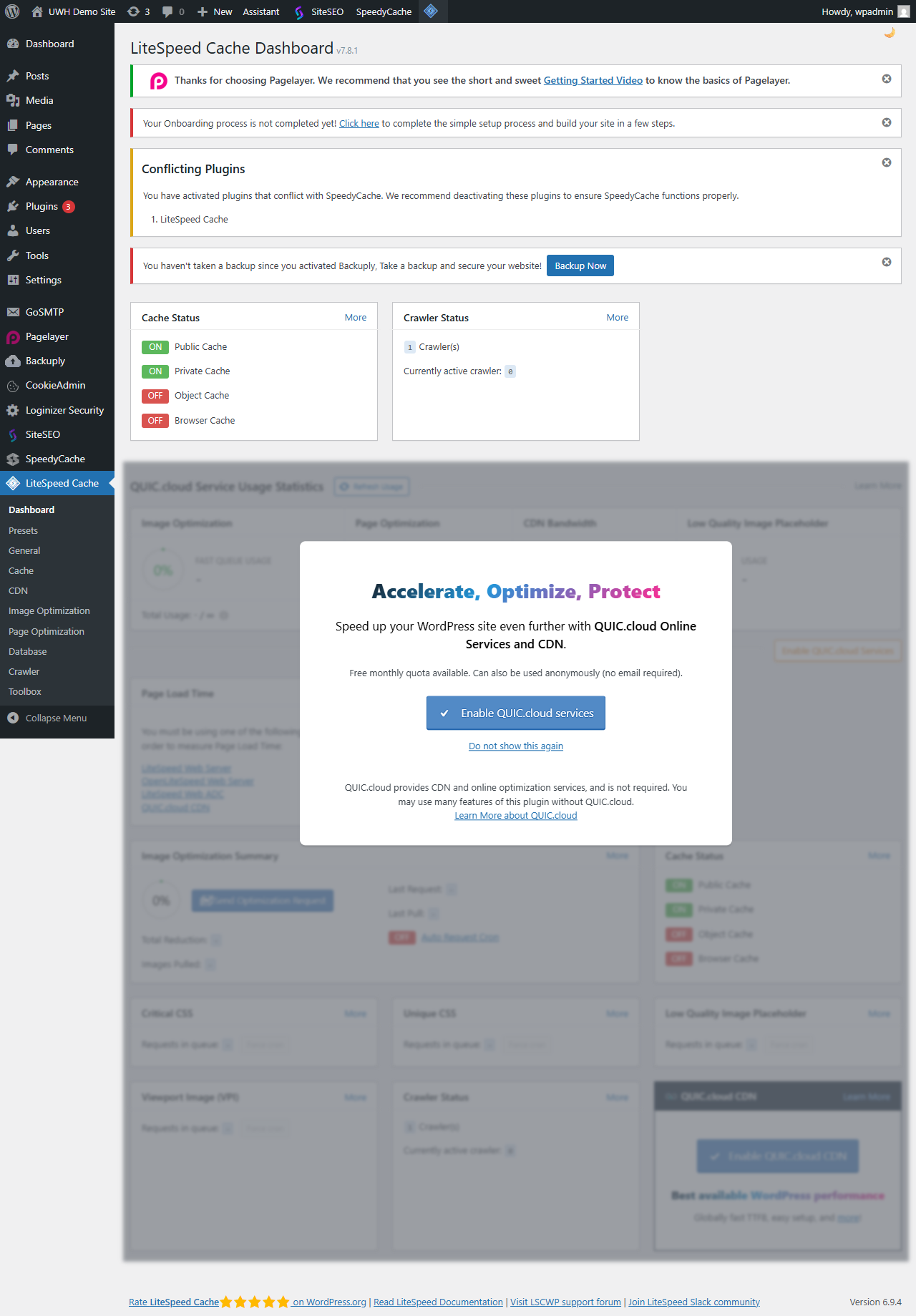 LiteSpeed Cache dashboard inside WordPress admin with the Purge All button visible